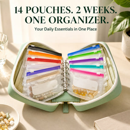 ✨2‑Week Pill Organizer Binder Case | 14 Reusable Color‑Coded Pill Pouch Travel Waterproof Medication Storage Bag for Vitamins Supplements