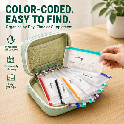 ✨2‑Week Pill Organizer Binder Case | 14 Reusable Color‑Coded Pill Pouch Travel Waterproof Medication Storage Bag for Vitamins Supplements