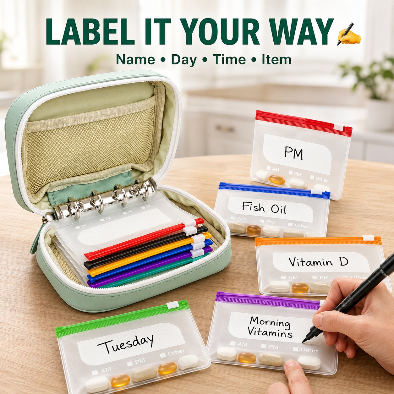 ✨2‑Week Pill Organizer Binder Case | 14 Reusable Color‑Coded Pill Pouch Travel Waterproof Medication Storage Bag for Vitamins Supplements