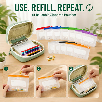 ✨2‑Week Pill Organizer Binder Case | 14 Reusable Color‑Coded Pill Pouch Travel Waterproof Medication Storage Bag for Vitamins Supplements