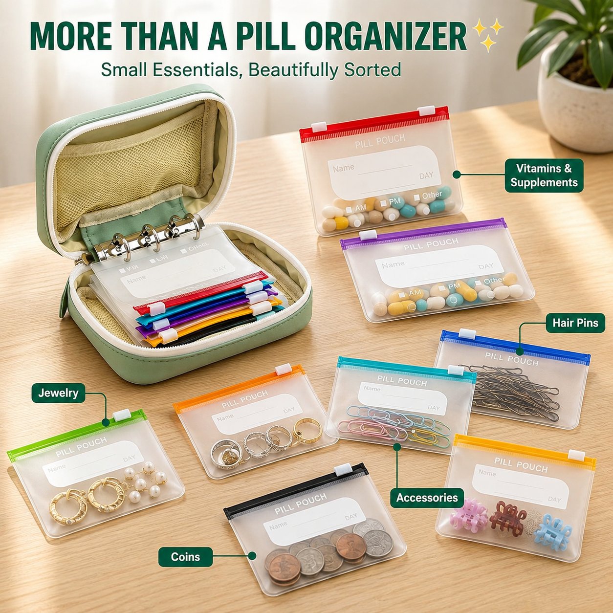 ✨2‑Week Pill Organizer Binder Case | 14 Reusable Color‑Coded Pill Pouch Travel Waterproof Medication Storage Bag for Vitamins Supplements