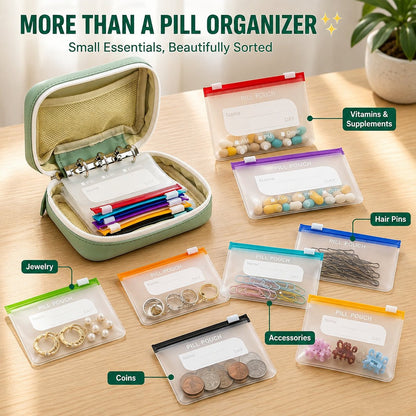 ✨2‑Week Pill Organizer Binder Case | 14 Reusable Color‑Coded Pill Pouch Travel Waterproof Medication Storage Bag for Vitamins Supplements