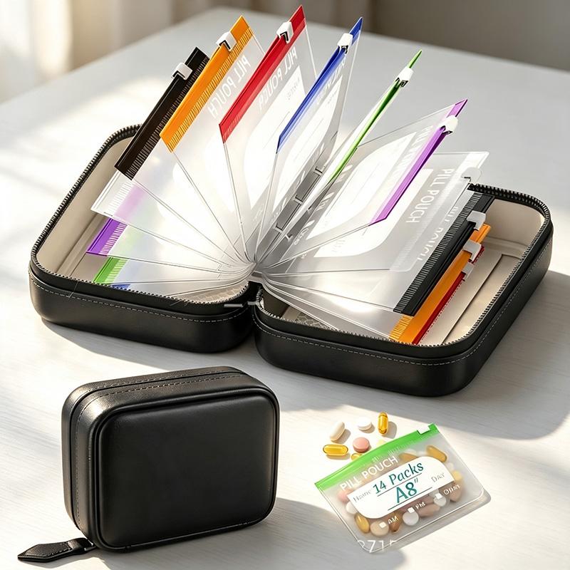✨2‑Week Pill Organizer Binder Case | 14 Reusable Color‑Coded Pill Pouch Travel Waterproof Medication Storage Bag for Vitamins Supplements